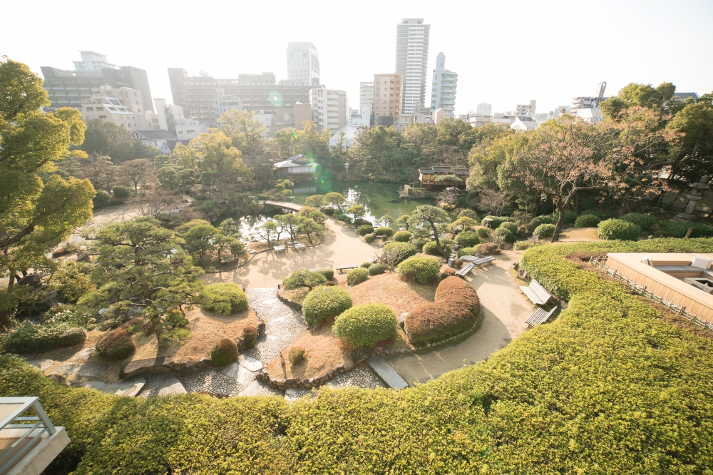 2月の日本庭園。年中緑の常緑樹に囲まれています